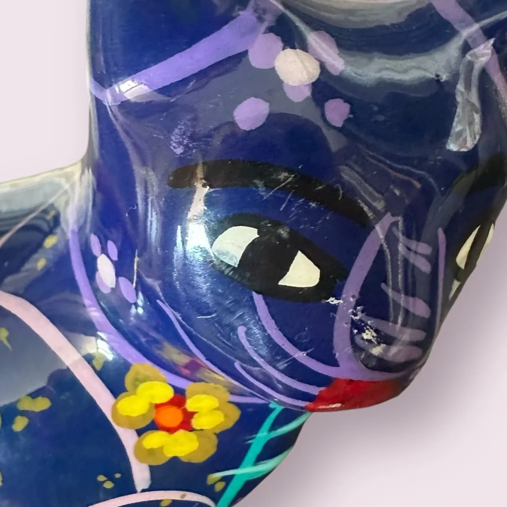 Vintage Hand Painted Ceramic Mexican Folk Art Talavera Cat Figurine With Flowers - Picture 12 of 13